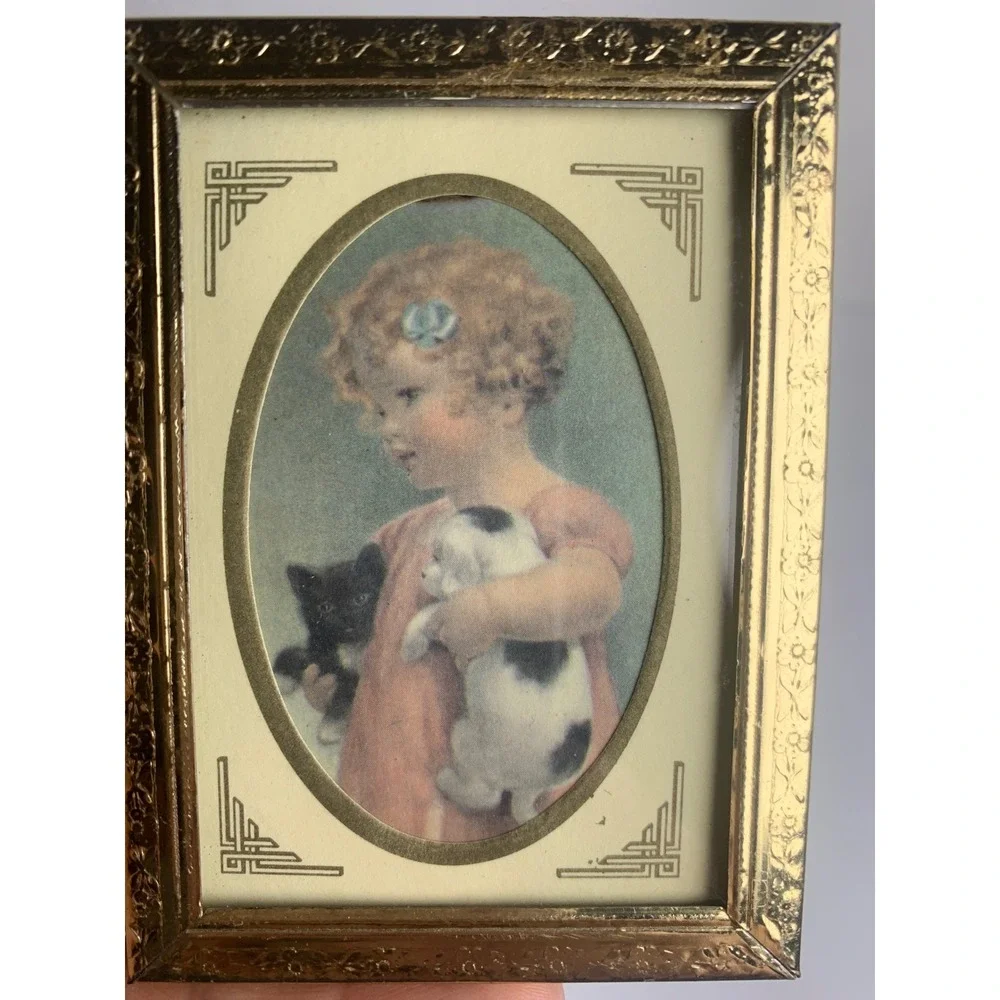 Vintage Decorel Gold Tone Miniature Picture Frame Girl with Puppy‎ and Kitten